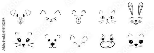 Cute animal faces, pet comic doodle with expressions. Set heads with delicious lick tongue, mouth, adorable emotions. Comic cartoon or kawaii fanny pet