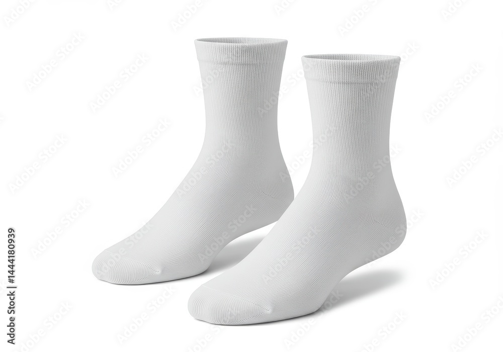 A pair of white socks standing upright on a white surface in a studio setting with soft lighting A pair of white socks standing upright on a white surface in a studio setting with soft lighting