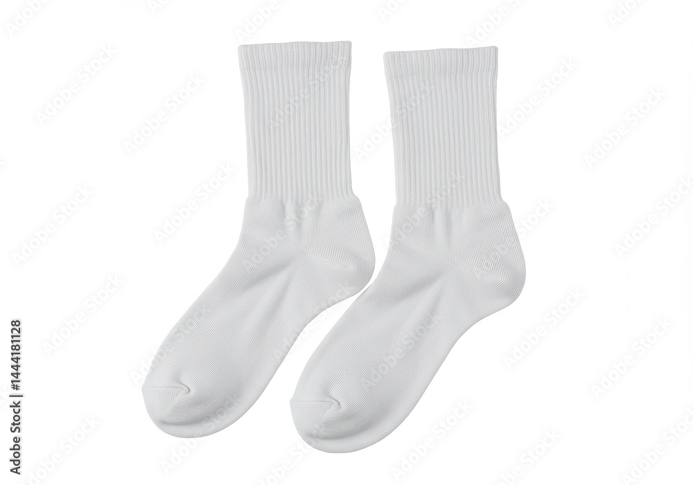 A pair of white cotton crew socks are displayed on a plain white background in a studio shot A pair of white cotton crew socks are displayed on a plain white background in a studio shot