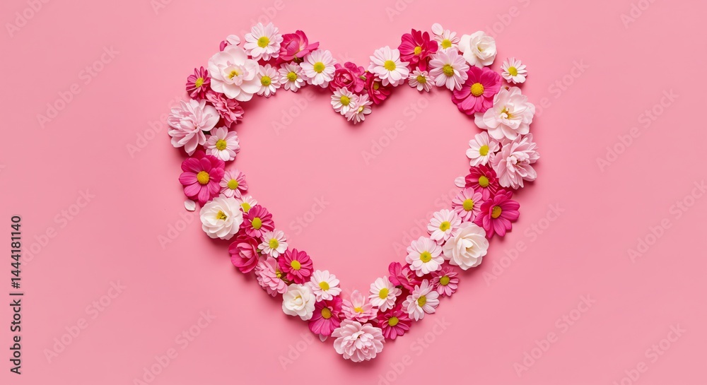 Forming Heart Shape with Flowers on Pink Background