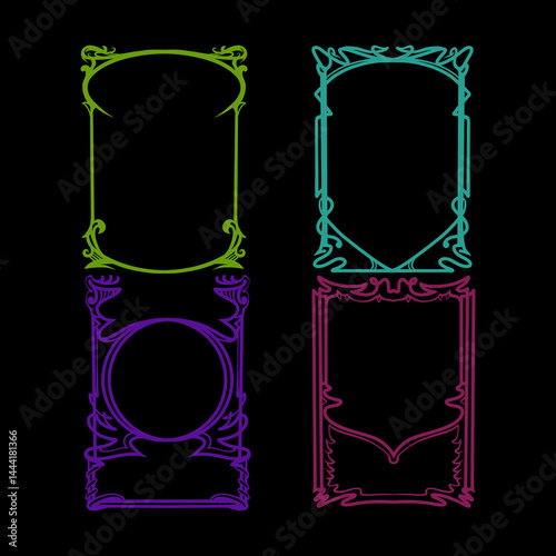 Psychedelic Posters Template Set, Art Nouveau Frames, Psychedelic Colors, line art 