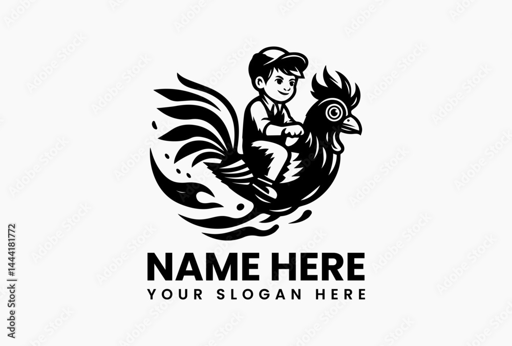 Stylized vector logo of boy riding a chicken or rooster, rural farm-themed illustration with whimsical character design isolated on white background Stylized vector logo of boy riding a chicken or rooster, rural farm-themed illustration with whimsical character design isolated on white background