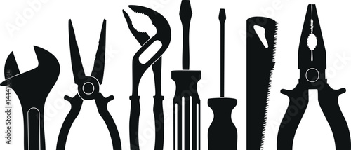 Minimalist Vector Graphics of DIY Hand Tools Including Screwdrivers, Wrenches, and Pliers in Black and White for Hardware Store Inventory and Repair Icons

