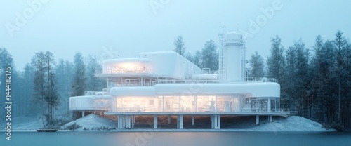 Futuristic Lakeside Retreat: A Winter's Day Architectural Vision