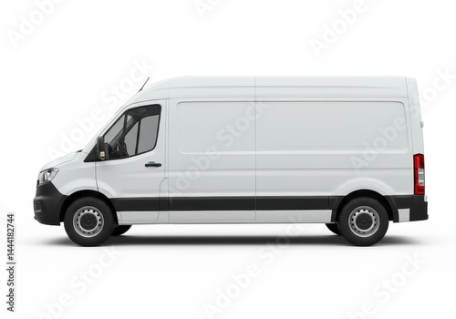 Side view of a plain white delivery van isolated on a white background in studio lighting