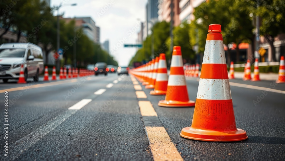 Orange Cones Mark Busy Construction Zone on Asphalt Road
