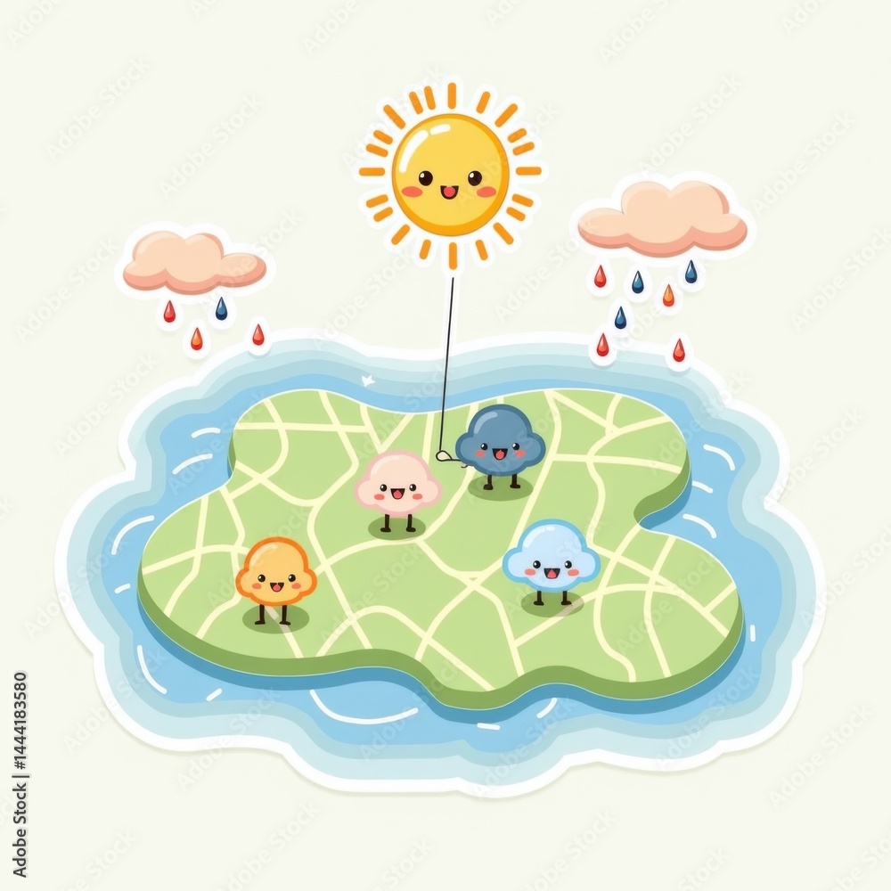 Cute map illustration featuring weather elements and playful characters. Kawaii Cute map illustration featuring weather elements and playful characters. Kawaii