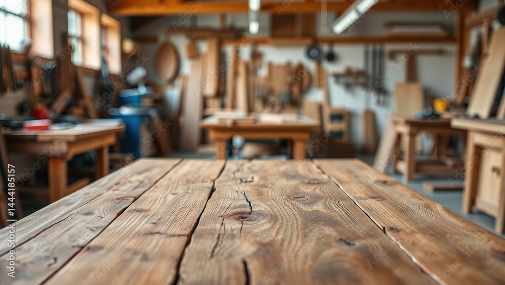 Rustic Wooden Workshop Table, Carpentry Tools Blurred Background
