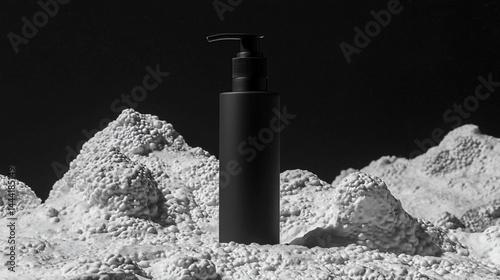 Black pump bottle on textured white landscape