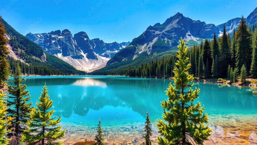 Serene Mountain Lake with Turquoise Water and Evergreen Trees, Perfect for Copy Space Design