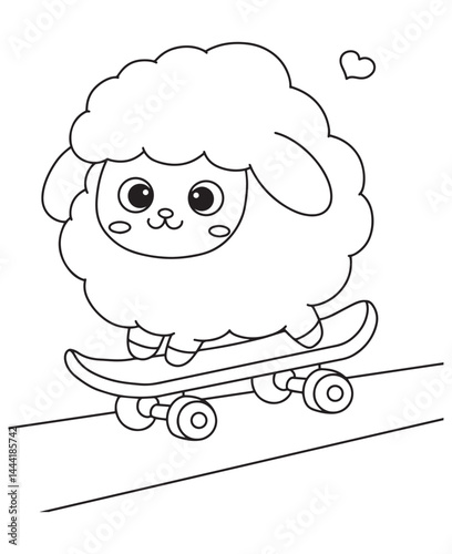 Coloring book lamb riding a skateboard with a heart floating above.