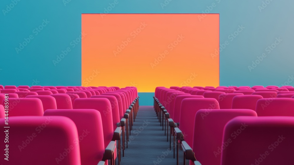 Fototapeta premium People in the cinema auditorium with Cinema blank wide screen and red chairs in the cinema hall,People silhouettes watching movie performance,empty white screen,space for text,copy space.
