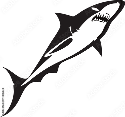 Black and White Shark with Open Mouth Illustration.