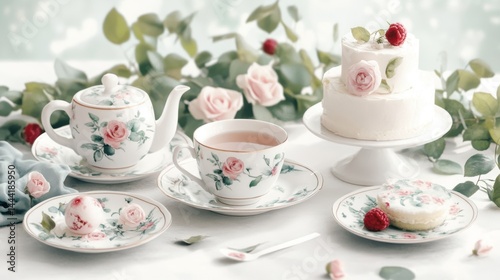 Wallpaper Mural Watercolor illustration of British afternoon tea,tea break in the English style,tea set with Afternoon tea stand with macaroons and scone,cake,cup of tea,Tea time dessert table,vintage style. Torontodigital.ca