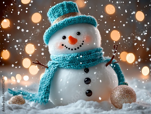 Festive snowman in winter scene photo