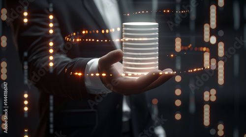 Businessman holding glowing server stack surrounded by abstract data flow in dark setting