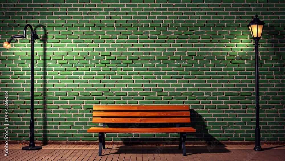 Tranquil Night Scene: Green Brick Wall, Wooden Bench, and Street Lamp