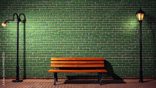 Obraz na płótnie Tranquil Night Scene: Green Brick Wall, Wooden Bench, and Street Lamp w salonie