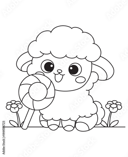 Coloring book lamb holding a lollipop among the flowers