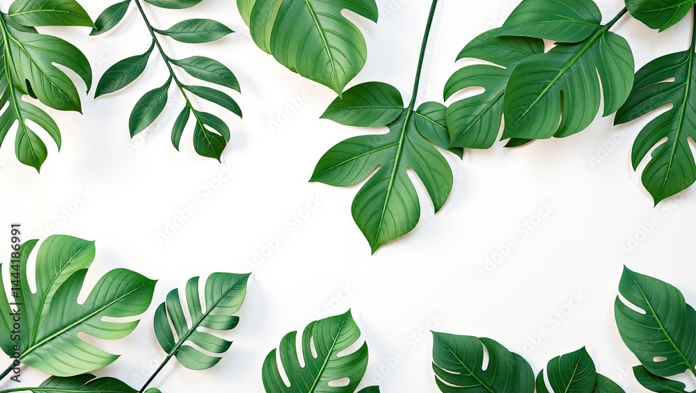 Tropical Paper Cut Leaves on White Wall, Evoking Tranquil Nature Scene