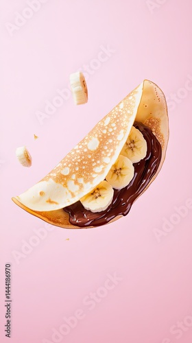 Crêpe background folded crêpe with Nutella and banana floating on a soft gradient backdrop food photo mouth-watering