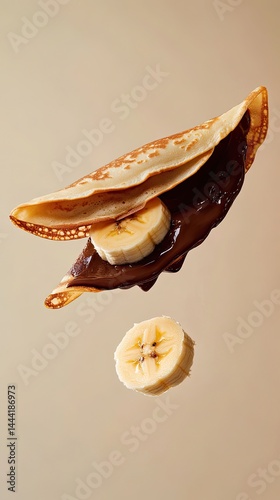 Crêpe background folded crêpe with Nutella and banana floating on a soft gradient backdrop food photo mouth-watering