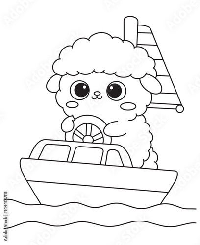 Coloring book cute lamb captain on a boat on the wavy water. 