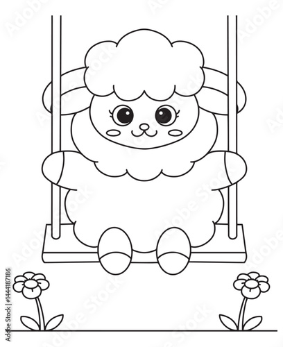 Coloring book lamb having fun on a swing among the flowers.