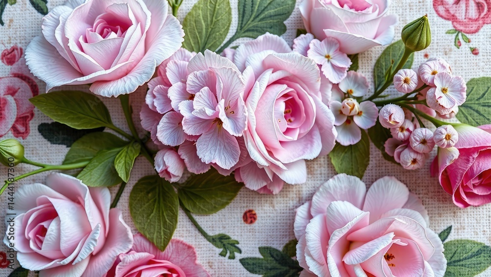 Vintage Floral Fabric: Roses and Lilacs on Aged Linen