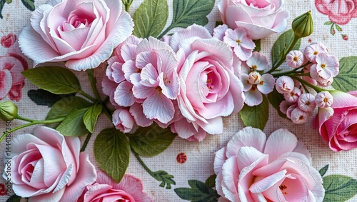 Obraz na płótnie Vintage Floral Fabric: Roses and Lilacs on Aged Linen w salonie
