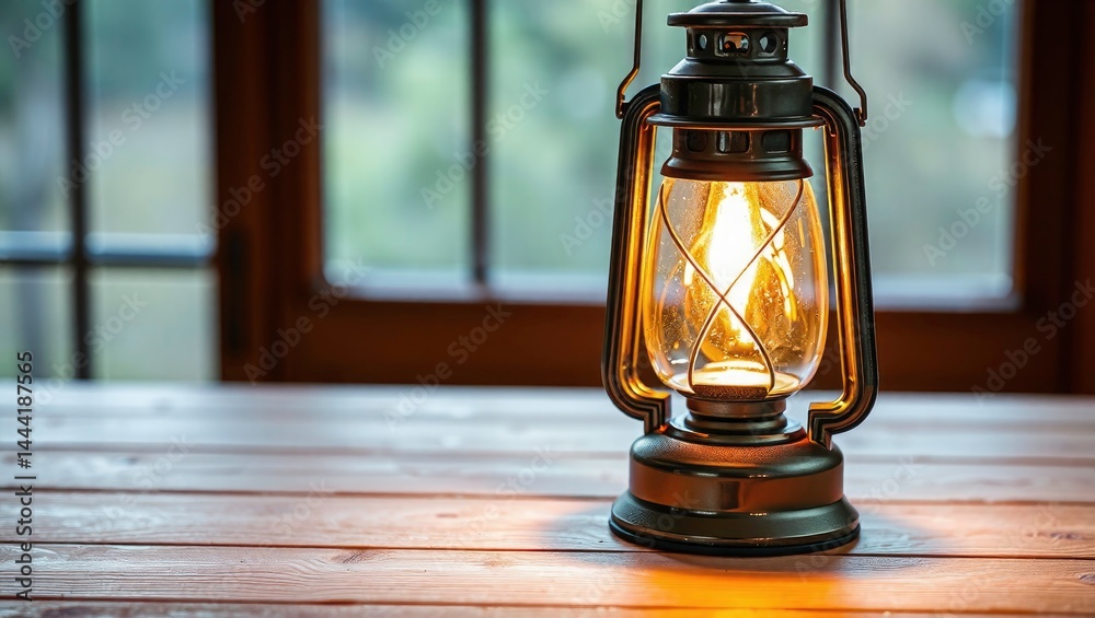 Warm Glow of an Oil Lantern on Wooden Table by Window
