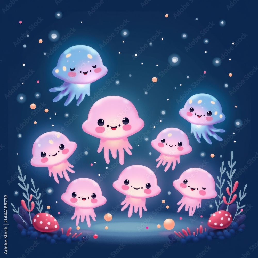 Fototapeta premium Cute cartoon jellyfish in a colorful underwater scene. Kawaii