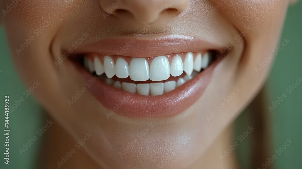 Fototapeta premium Close-up of a woman's healthy, bright smile. Perfectly aligned, white teeth; pinkish, glossy lips