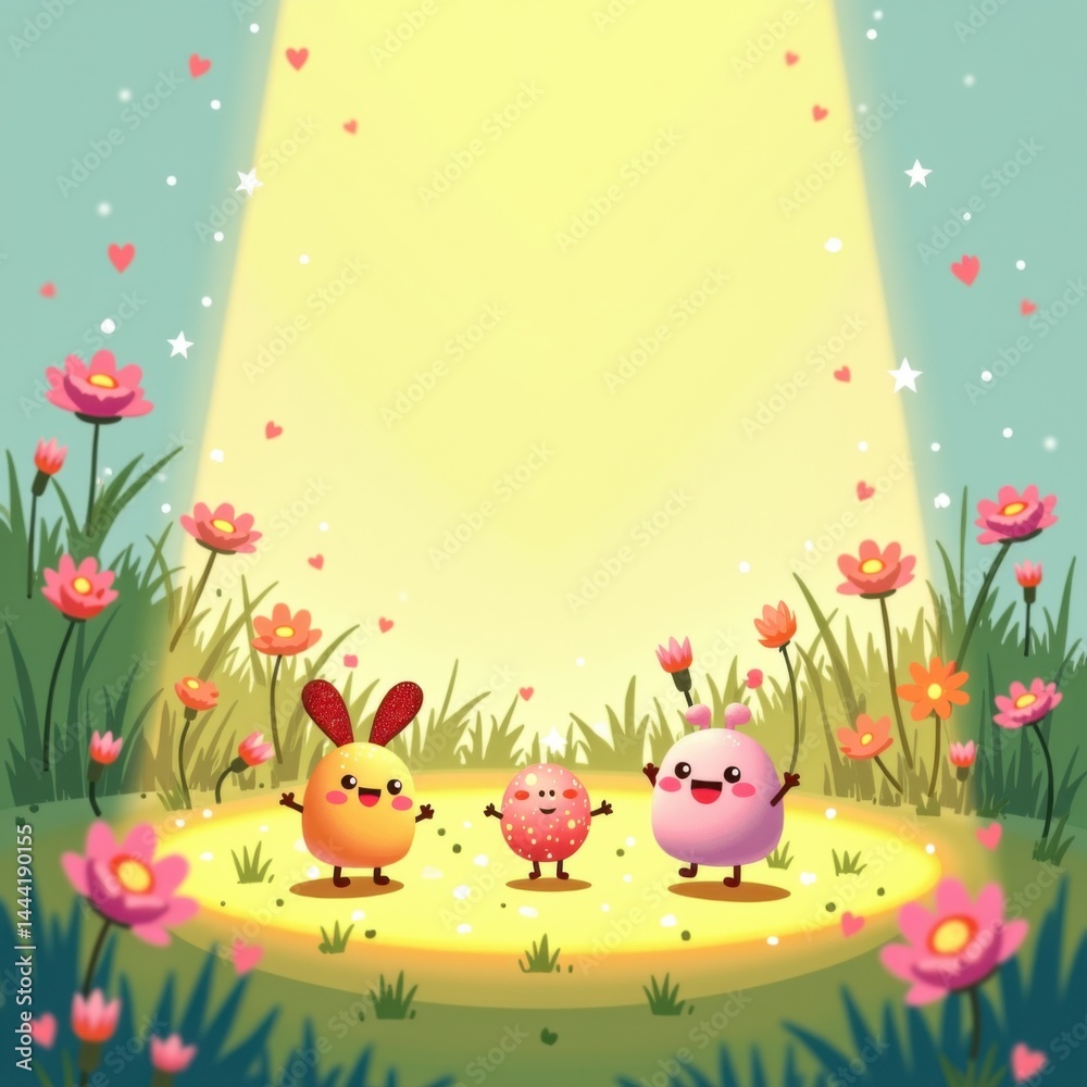 Cute animated creatures in a flower-filled meadow under a spotlight. Kawaii Cute animated creatures in a flower-filled meadow under a spotlight. Kawaii