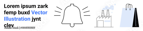 Bell with notification lines, factory with chimneys emitting smoke, and shopping bag with handles. Ideal for notifications, supply chain, manufacturing, shopping, advertising, alerts simple landing