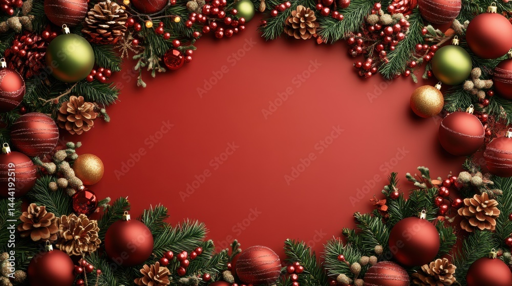 Festive Christmas Border with Red Gold Ornaments Pine Branches and Berries Surrounding Solid Red Background Ideal for Text or Holiday Greetings Decor Festive Christmas Border with Red Gold Ornaments Pine Branches and Berries Surrounding Solid Red Background Ideal for Text or Holiday Greetings Decor