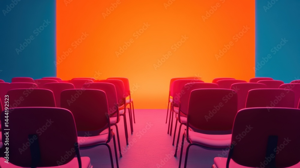 Fototapeta premium People in the cinema auditorium with Cinema blank wide screen and red chairs in the cinema hall,People silhouettes watching movie performance,empty white screen,space for text,copy space.