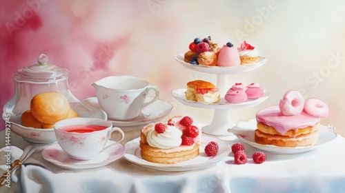 Wallpaper Mural Watercolor illustration of British afternoon tea,tea break in the English style,tea set with Afternoon tea stand with macaroons and scone,cake,cup of tea,Tea time dessert table,vintage style. Torontodigital.ca