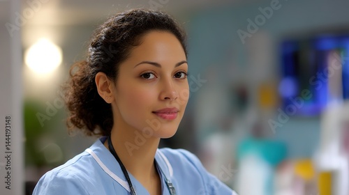Compassionate nurse in uniform, warm expression. Dedication and care in healthcare.
