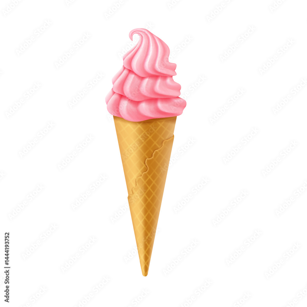 Vibrant pink soft serve ice cream swirled atop golden waffle cone. Bright appetizing treat perfect for summer vibes. Isolated on clean white background for freshness. Vibrant pink soft serve ice cream swirled atop golden waffle cone. Bright appetizing treat perfect for summer vibes. Isolated on clean white background for freshness.