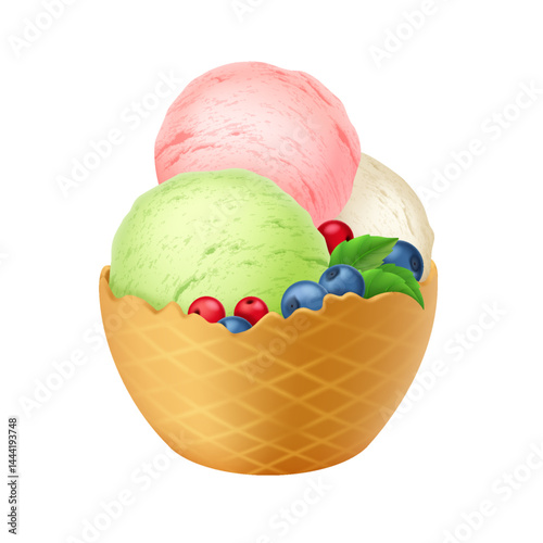 Illustration of colorful ice cream scoops in waffle bowl. Pink green vanilla flavors combined with fresh blueberries red currants leaves. Perfect for summer food promotional design dessert menu.