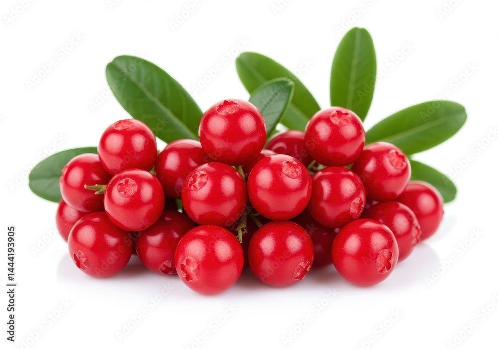 A pile of vibrant red cranberries with green leaves against a clean white background studio shot A pile of vibrant red cranberries with green leaves against a clean white background studio shot