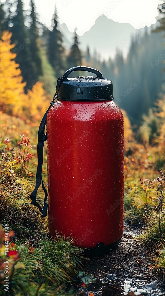 Red bottle on path with autumn trees and mountains Red bottle on path with autumn trees and mountains