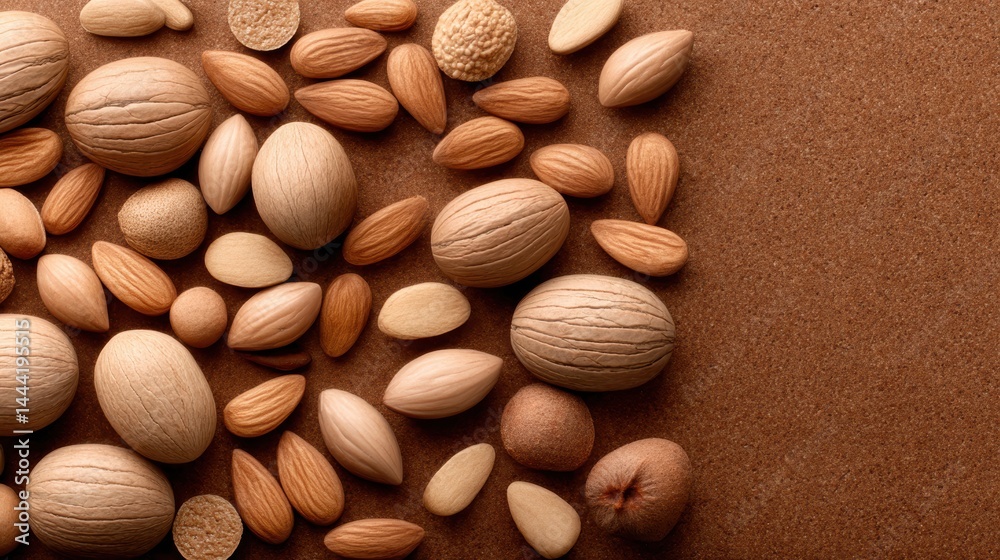 A variety of assorted nuts and seeds displayed on a smooth brown surface with ample empty space on the right. A variety of assorted nuts and seeds displayed on a smooth brown surface with ample empty space on the right.