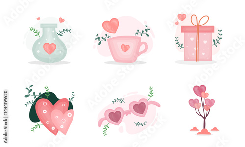 Pink Love-Themed Cups, Leaves and Hearts in Cute Minimal Flat Style Illustration