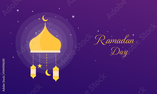Ramadan Kareem Design with Glowing Golden Dome and Hanging Lanterns in Purple Sky