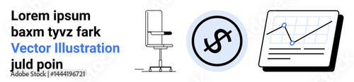 Office chair, dollar sign in circular badge, and ascending chart. Ideal for business, financial growth, analysis, productivity, workplace organization, entrepreneurship simple landing page