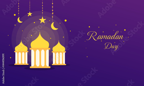 Ramadan Kareem Design with Glowing Golden Dome and Hanging Lanterns in Purple Sky