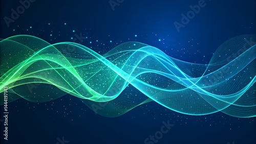 Abstract green color wave pattern line glowing light waves on a dark blue background