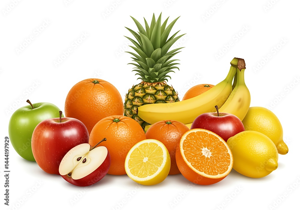 A vibrant display of assorted fruits including pineapple oranges apples bananas and lemons on white A vibrant display of assorted fruits including pineapple oranges apples bananas and lemons on white